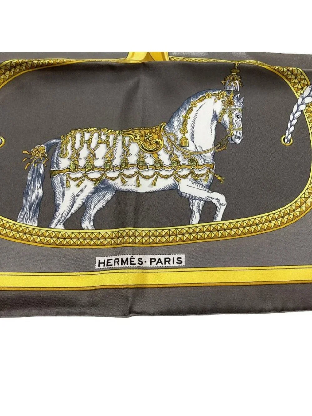 Hermes Grand Apparat Dressed Horse Carre 90 Silk Scarf Gray